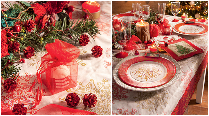 déco table Noël rouge et blanc - nappe blanche et chemin de table rouge,  vaisselle blanche, …